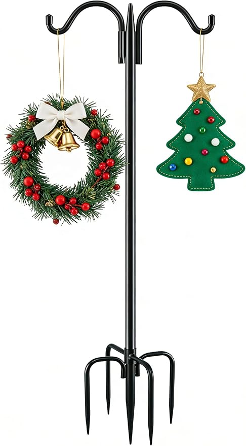 Gtongoko Double Shepherds Hook for Outdoor, 63 Inch Heavy Duty Bird Feeder Pole 5/8 Inch Thick Garden Hooks for Hanging Hummingbird Feeder, Plant Baskets, Solar Light Lanterns, 1 Pack