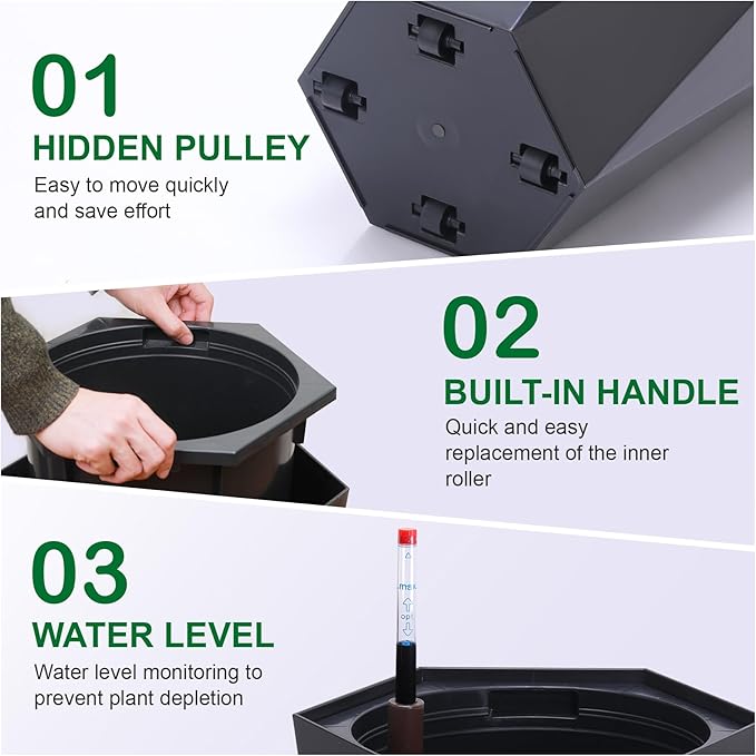 GarveeLife 22.5 in Tall Diamond Planters Set of 2, Self Watering Planters with Water Level Monitor, Flower Pots Outdoor and Indoor for Patio, Porch, Living Room, Home Office, Black