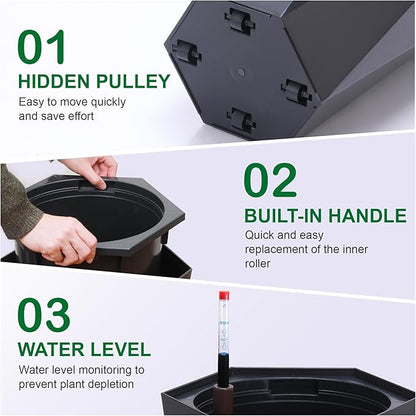 GarveeLife 22.5 in Tall Diamond Planters Set of 2, Self Watering Planters with Water Level Monitor, Flower Pots Outdoor and Indoor for Patio, Porch, Living Room, Home Office, Black