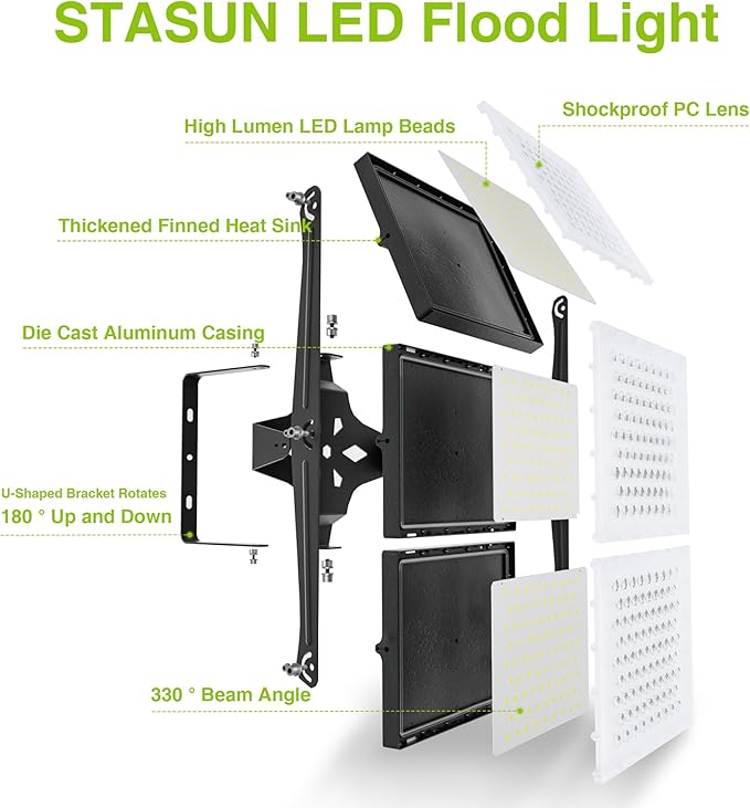 LED Flood Light Outdoor, STASUN 750W 75000lm 6000K Daylight White IP66 Waterproof, Commercial Parking Lot Light,3 Heads for Yard Street Stadium House Floodlight Bright Security Lights for Outdoor Area