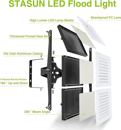 LED Flood Light Outdoor, STASUN 750W 75000lm 6000K Daylight White IP66 Waterproof, Commercial Parking Lot Light,3 Heads for Yard Street Stadium House Floodlight Bright Security Lights for Outdoor Area