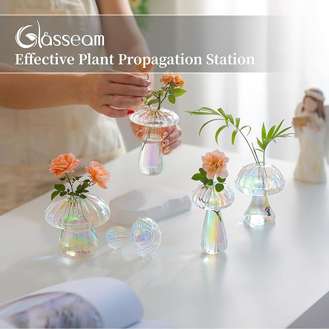 Glasseam Mushroom Propagation Stations for Plants: Iridescent Propagation Vase of 5 Glass Hydroponic Jars for Home Room Window Table - Unique Mushroom Decor Gifts for Plant Lovers