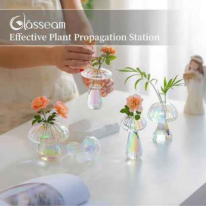 Glasseam Mushroom Propagation Stations for Plants: Iridescent Propagation Vase of 5 Glass Hydroponic Jars for Home Room Window Table - Unique Mushroom Decor Gifts for Plant Lovers