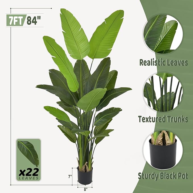 Artificial Bird of Paradise Tree 7FT 22 Leaves Tall Large Fake Faux Tropical Banana Plant 84 Inch Black Pot for Indoor Home Office Poolside Porch Mall Hotel School Decor Housewarming Gift