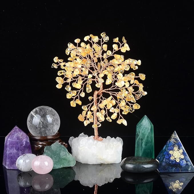 Natural Citrine Gemstone Crystal Tree of Life,Clear Quartz Cluster Base,Bonsai Money Tree Feng Shui Home Decor,Healing Crystals Positive Energy Gift for Luck and Wealth 5.5"-6.3"