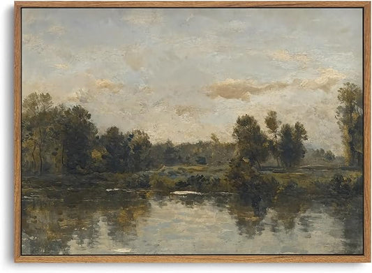 ZZLWBKGL Vintage Landscape Framed Wall Art Natural River Canvas Wall Art Rustic Farmhouse Pictures Wall Decor Country Scenery Art Prints for Living Room Study Bedroom
