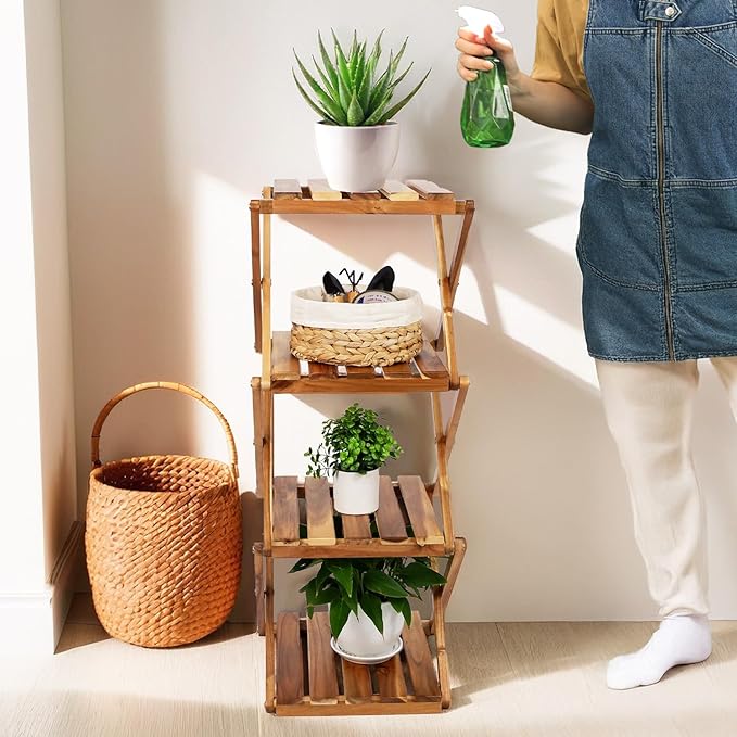 BEEFURNI Acacia Plant Stand Indoor Corner, Wooden Outdoor 4 Tier Corner Planter Stand, Foldable Shelf Display, Tall Plant Bench for Succulent, Easy Assembly, Window Decor, 1-year Manufacturer Warranty