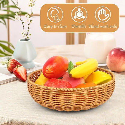 Imitation Wicker Bread Basket, 3 Pack Woven Rattan Basket Round Woven Baskets Woven Breads Baskets For Serving Vegetables, Kitchen, Restaurant, Outdoor, 3 Sizes (Yellow)