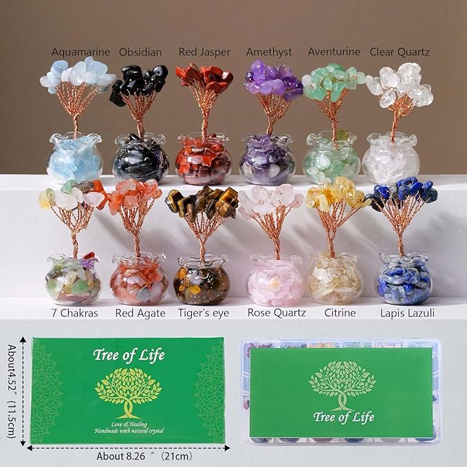 Runyangshi 12 Pcs Chakra Crystal Trees of Life - Fengshui Money Luck Gemstones Tree, Handmade with Natural Stones and Copper Wire for Home Office Decoration, Reiki Healing Meditation Gifts