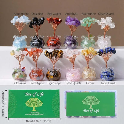 Runyangshi 12 Pcs Chakra Crystal Trees of Life - Fengshui Money Luck Gemstones Tree, Handmade with Natural Stones and Copper Wire for Home Office Decoration, Reiki Healing Meditation Gifts