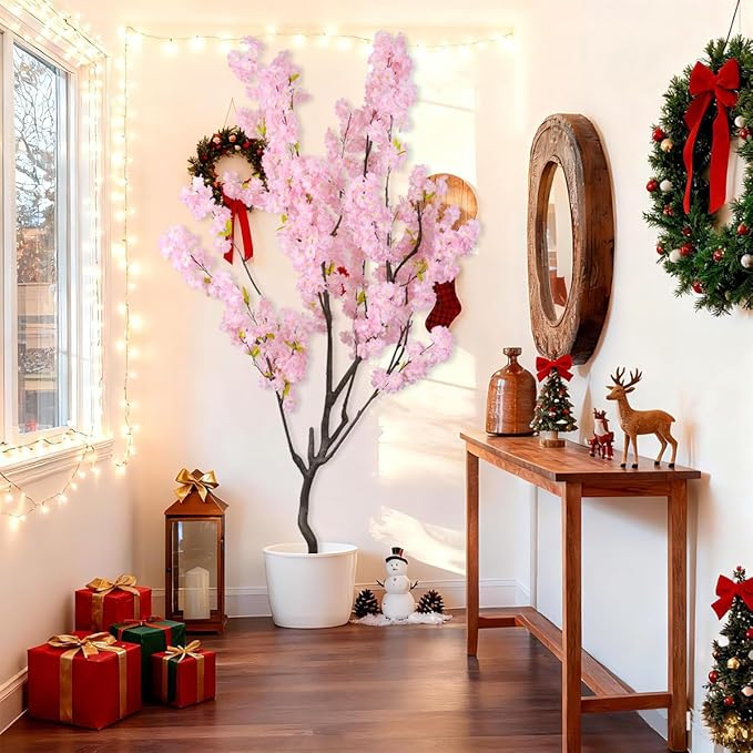 7.2ft Artificial Cherry Blossom Tree for Indoor Decor,Nearly Nature Pink Silk Flowers Fake Tree Tall,Realistic Faux Cherry Plant Tree for Christmas New Year Decor