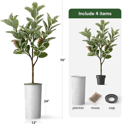 Artificial Tree in White Marble Effect Planter, Fake Rubber Silk Tree for Indoor and Outdoor Home Decoration - 70" Overall Tall (Plant Pot Plus Tree)
