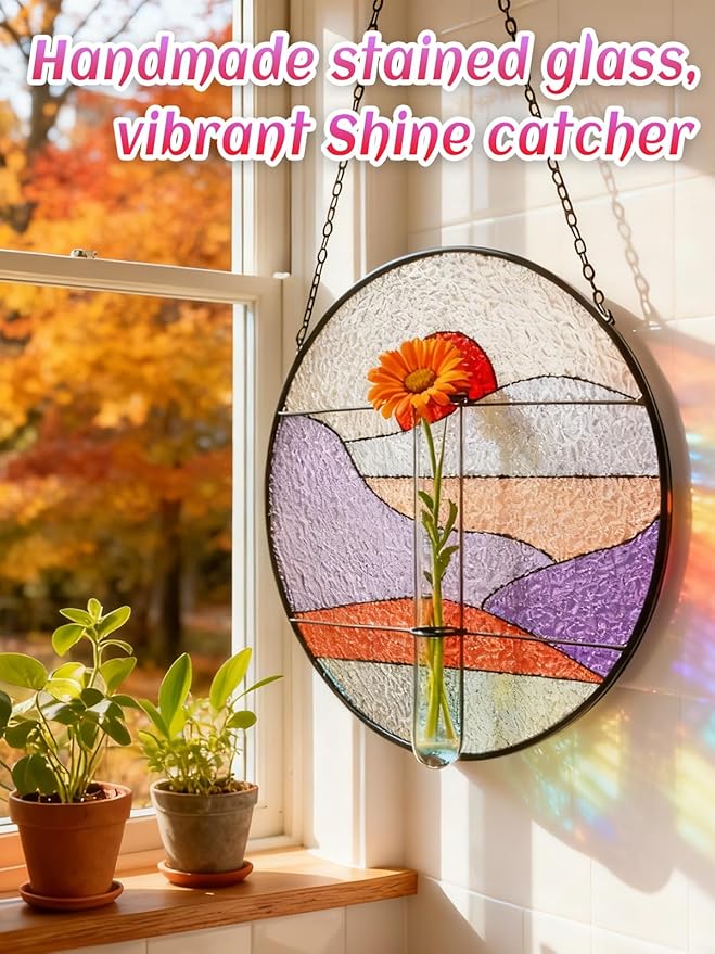 Stained Glass Propagation Stations - Sunshine Catcher Window Hanging Plant Holder, Terrariums Wall Decor for Women Mom Plant Lovers Christmas Gardening Gifts, Red