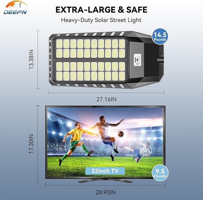 Deepn 9000W Solar Street Light, Bright LED Security Solar Flood Light with Motion Sensor & Dusk to Dawn, IP67 Waterproof Commercial Lights Outdoor for Outside, Parking Lot, Street, Yard, 2 Pack