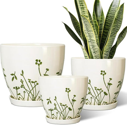 Ceramic Planters for Indoor Plants - 10+8+6 Inch Plant Pots with Drainage Holes and Saucers, Decorative Boho Round Outdoor Planters, Garden Decor, Gardening Gifts for Women Men, Set of 3, White