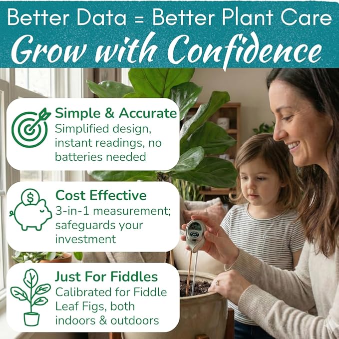 Houseplant Resource Center Fiddle Leaf Fig 3-in-1 Soil Moisture Meter for Plants – Best Indoor Plant Water Meter for Potted Houseplants - Light & Moisture Sensor Probe for Optimal Growth