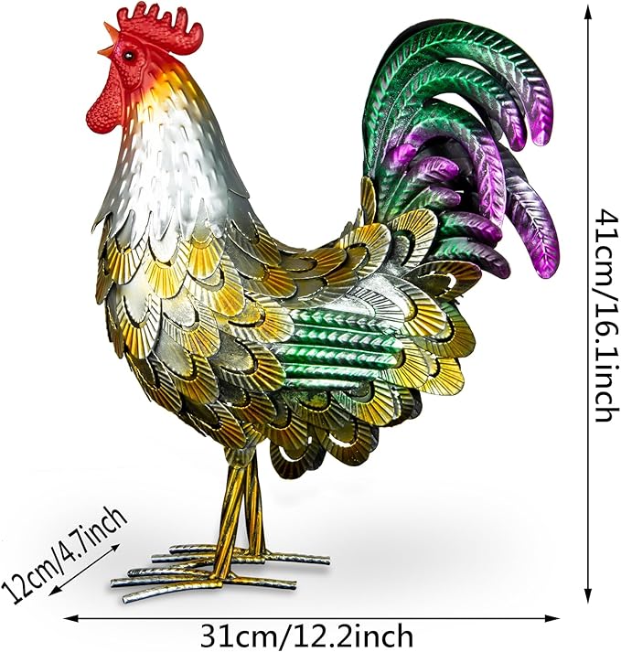 Metal Rooster Statues, Garden Chicken Decorations, Outdoor Chicken Sculptures, Metal Yard Rooster Artwork for Yard Farm Patio Lawn Porch Kitchen Decoration (Gold)
