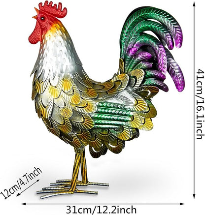Metal Rooster Statues, Garden Chicken Decorations, Outdoor Chicken Sculptures, Metal Yard Rooster Artwork for Yard Farm Patio Lawn Porch Kitchen Decoration (Gold)