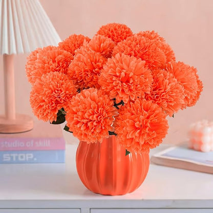 Hananona 12 Pcs Artificial Chrysanthemums Flowers Marigolds Ball Flower, Orange Fake Mums Silk Fall Flowers for Autumn Dia de Los Muertos Home Decor Day of The Dead Table Centerpiece (12, Orange)