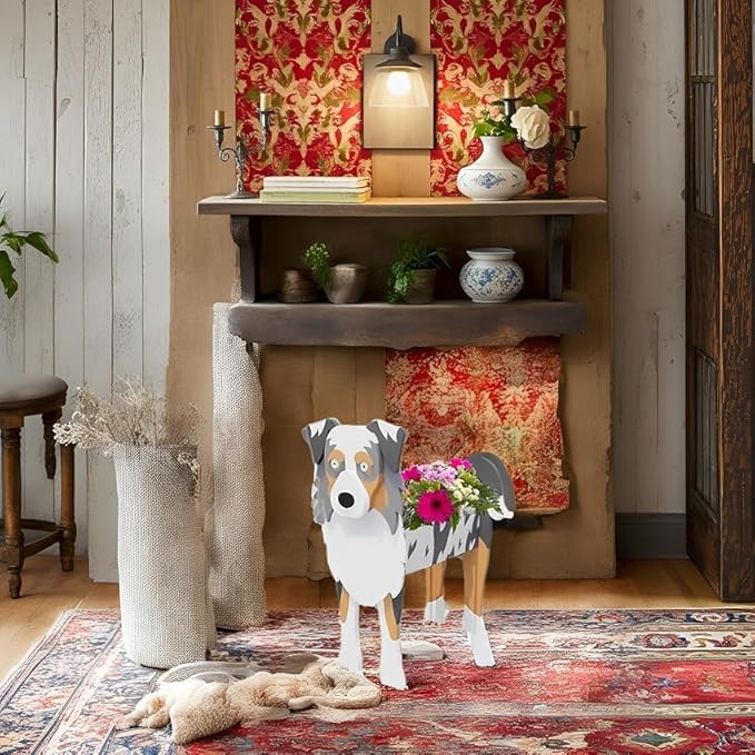 Australian Shepherd Dog Planter,Cute Dog Flower Pot,Gifts for Pet Lovers,Unique Animal Plant Pots,Office,Indoor Outdoor Garden Decor(9.45 * 5.41 * 13.39in)