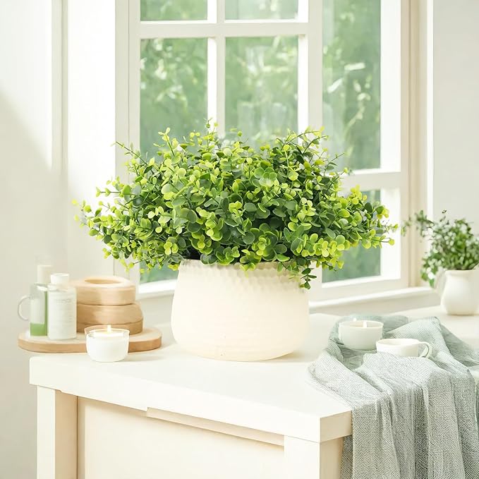 FGSAEOR 12 Bundles Artificial Eucalyptus Plant, Fake Boxwood Shrubs UV Resistant No Fade Faux Greenery for Home Garden Hanging Planter Indoor Porch Patio Office Wedding Decoration