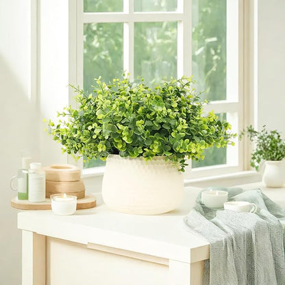 FGSAEOR 12 Bundles Artificial Eucalyptus Plant, Fake Boxwood Shrubs UV Resistant No Fade Faux Greenery for Home Garden Hanging Planter Indoor Porch Patio Office Wedding Decoration