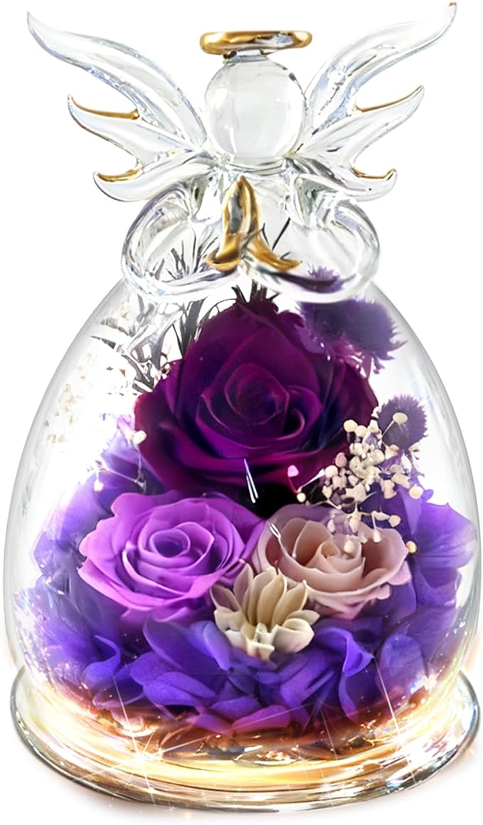 Purple Rose Valentines Day Gifts for Her Birthday Christmas Gifts for Women, Forever Rose in Glass Flowers for Delivery, Preserved Rose Angel Figurine for Mom Grandma, Mother’s Day Birthday Gifts