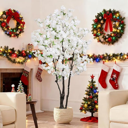 Large Artificial Cherry Blossoms Tree Indoor Faux Cherry Blossom Tree White 6FT Bedroom Trees for Home Christmas New Year Decor