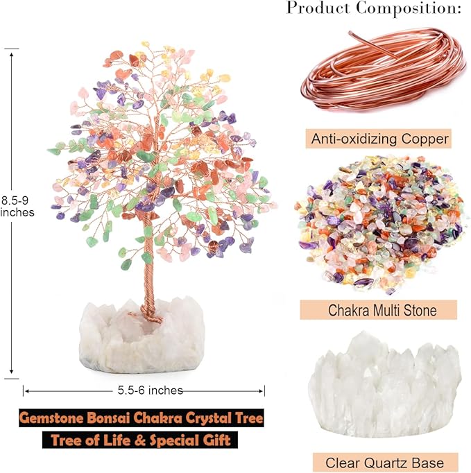 Chakra Crystal Tree of Life Natural Gemstone Healing Crysals(406 Stone Count) with Clear Quartz Base,Fengshui Decor Money Tree,Positive Energy Lucky Gift Height 8.5-9 Inches