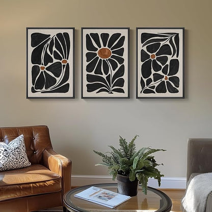 Framed Black and White Abstract Wall Art, 3 Piece Black Boho Floral Botanical Canvas Prints Painting for Living Room, Mid Century Modern Flower Artwork for Bedroom Hallway Office Home Decor, 16x24 In