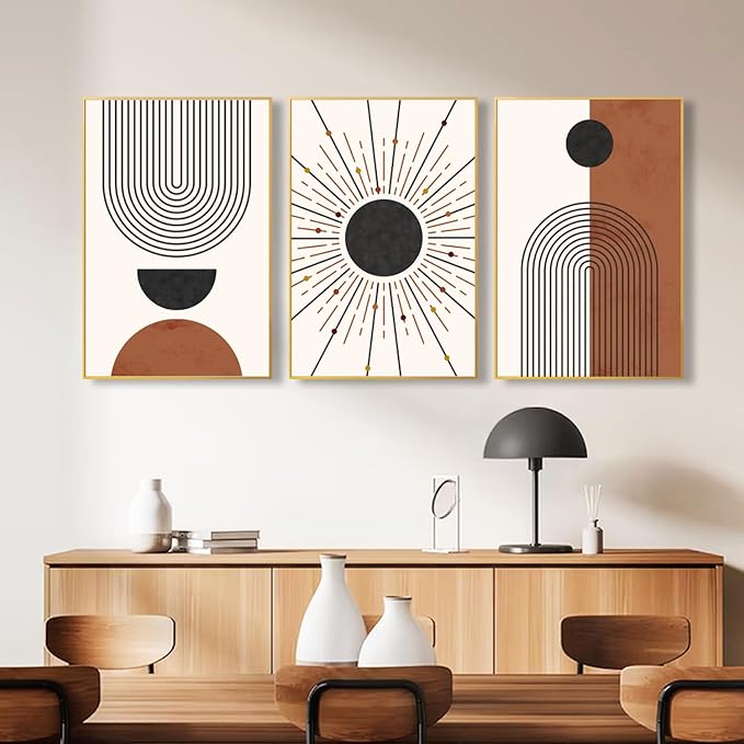 Minimalist Boho Framed Canvas Wall Art Set, Neutral Geometric Line Sun Wall Decor, Mid Century Wall Painting, Abstract Modern Bohemian Art Print for Living Room, Bedroom, Office -24"x36"x3