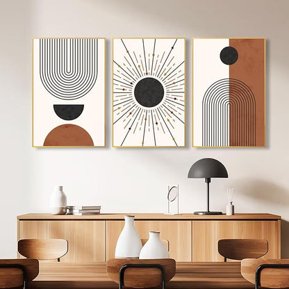 Minimalist Boho Framed Canvas Wall Art Set, Neutral Geometric Line Sun Wall Decor, Mid Century Wall Painting, Abstract Modern Bohemian Art Print for Living Room, Bedroom, Office -24"x36"x3