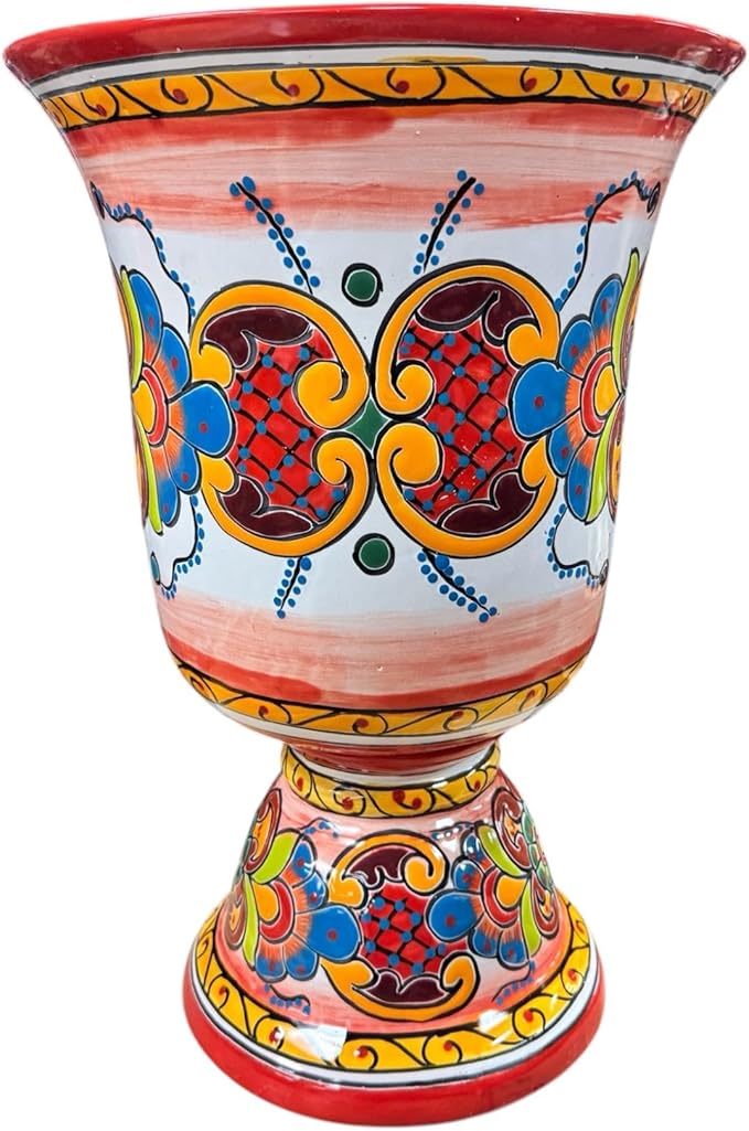 Talavera Tall Planter Large Flower Pot Mexican Pottery Folk Art Indoor Outdoor Home Decor Multicolor Handmade Made in Mexico Ceramic 22" Red