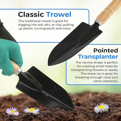 Scuddles 8-Piece Garden Tool Set with Bag, Stainless Steel Tools, Wooden Handles and Fingertip Claw Gloves for Digging, Landscaping and Heavy Gardening