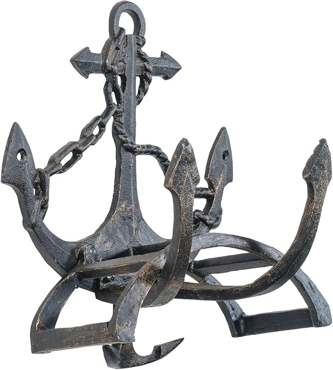 MyGift Wall Mounted Hose Holder, Nautical Cast Iron Garden Water Hose Reel, Decorative Seaside Boat Dock Themed Hook for Hanging Gardening Equipment (Ship Anchor)