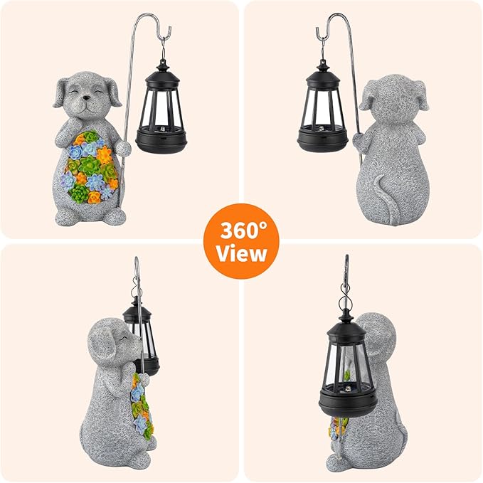 Solar Dog Garden Statue with Lantern – Waterproof Resin Outdoor Decor for Yard, Lawn, Flower Bed, Backyard, Front Yard, Patio, Balcony – Gift for Dog Lovers