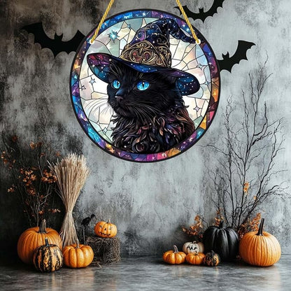 Acrylic Window Hanging Black Cat Wizard Stained Panel Window Decoration for Halloween Decorations Outdoor Indoor Garden Yard Home Halloween Decor 12 Inch