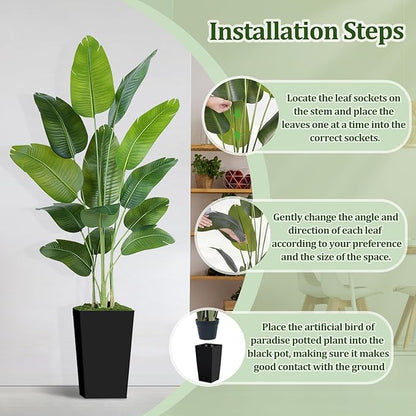 Lifelike Bird of Paradise Artificial Plant 7ft Faux Banana Leaf Tree with Black Tall Planter for Home Decor - Perfect Indoor Silk Floor Plant for Living Room, Office, and Bedroom Ambiance Enhancement
