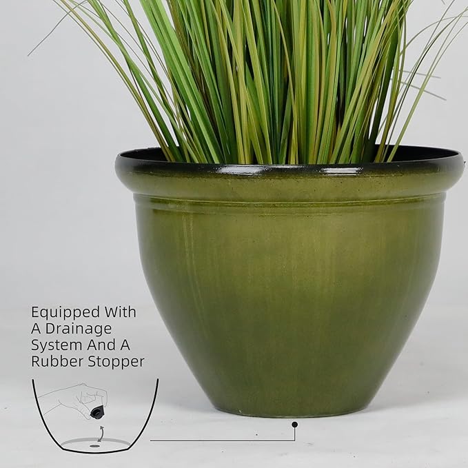 Worth Garden 12-Inch Dia. Round Green Plastic Planters with Drain Holes, 9.5-Inch Height - 4-Pack Glossy Finish Bell-Shaped Plant Pot – Lightweight Indoor/Outdoor Flower Pots