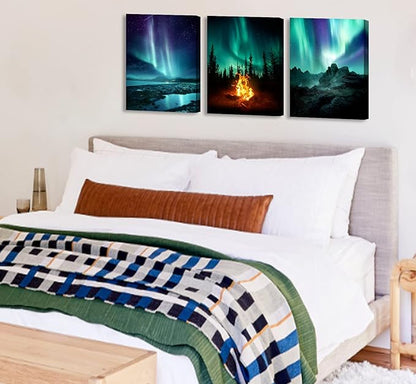 BLINFEIRU Northern Lights Canvas Wall Art Set of 3, Aurora Borealis Pictures for Living Room Decor, Modern Farmhouse Bedroom Paintings Prints, Home Office Artwork, Framed Ready to Hang