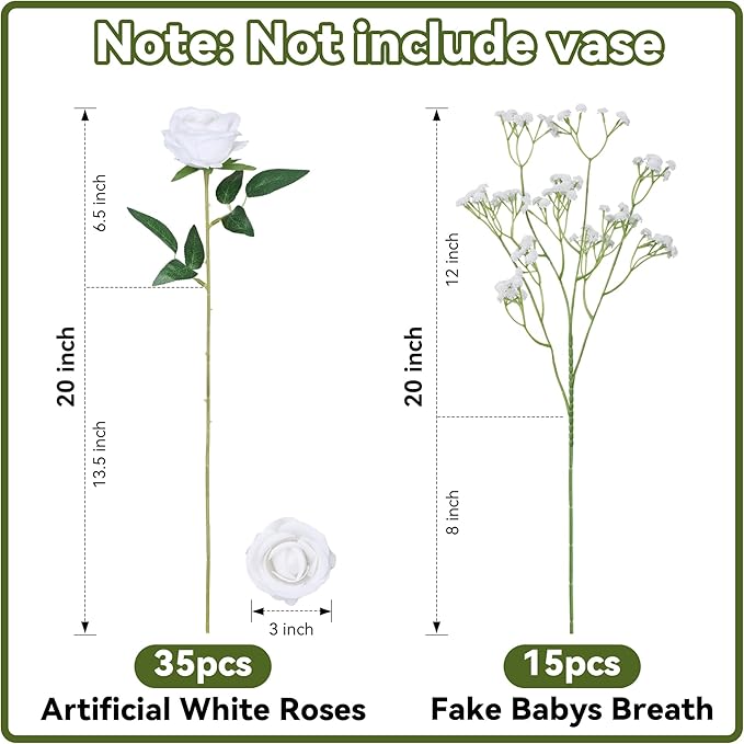 HyeFlora 35 PCS White Roses Artificial Flowers 15 PCS Fake Baby Breath Realistic Fake Flowers Bouquet with Stem for DIY Wedding Party Home Decoration Vase Tables Centerpieces Arrangements Gift for Her