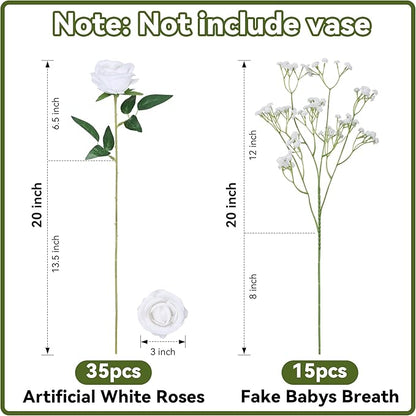 HyeFlora 35 PCS White Roses Artificial Flowers 15 PCS Fake Baby Breath Realistic Fake Flowers Bouquet with Stem for DIY Wedding Party Home Decoration Vase Tables Centerpieces Arrangements Gift for Her