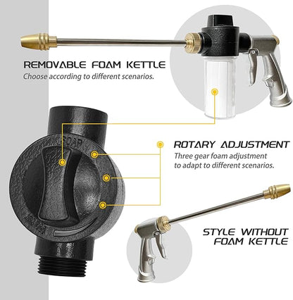 High Pressure Garden Hose Nozzle Sprayer with 3.5oz Plastic Soap Dispenser Bottle, Heavy Duty Car Wash Foam Gun, Adjustable Nozzle for Gardening, Solar Panel Cleaning, Pet Showering (Silver)