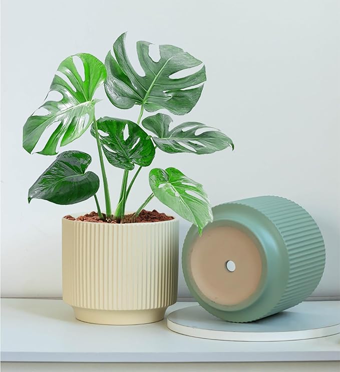 Ceramic 4.9+6.3 inch Planters, Modern Home and Office Flowerpot, Indoor and Outdoor Flowerpot with Drainage Hole (Green)