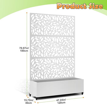 Metal Raised Garden Bed with Trellis, 2 in 1 Trellis with Planter Box & Privacy Screen for Climbing Plants, Vine, Outdoor Standing Flower Beds with Drainage Holes,47.2" L x 16.7" W x 70.8" H,(White)