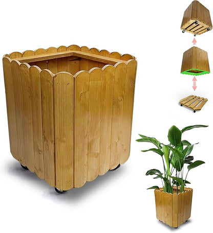 Outdoor Tall Large Square Wood Planter Box Caddy with 360° Lockable Wheels, Indoor Garden Flower Plant Pot Rolling Stand (Yellow)