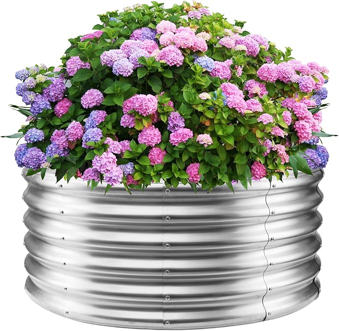 17" Tall Round Outdoor Garden Raised Garden Bed Kits-0.8MM Thick Metal Raised Planter Bed/Ground Planter Box for Variety of Flowers,Herbs,Vegetables,Trees (Silver, 40 Dia X 16.5 inches)
