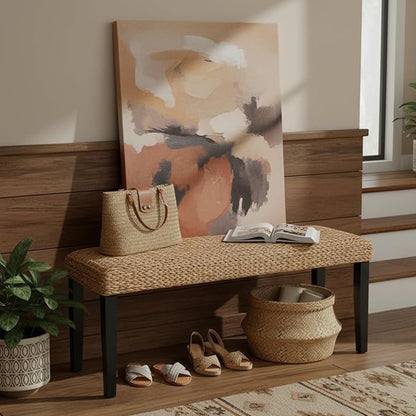 Solid Wood Acacia Indoor Bench with Natural Woven Seat, Wicker Bench Bed Boho, Wood Bench for Bedroom End of Bed or Benches Entryway for Living Room (Black Leg, Water Hyacinth)