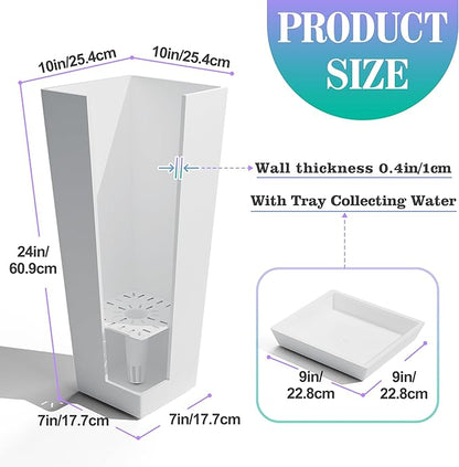 24 Inch Tall Tapered Square Planters (Set of 2) - Indoor Outdoor Large Flower Pots with Built-in Drainage & Matching Water Tray for Patio, Garden, Home - White