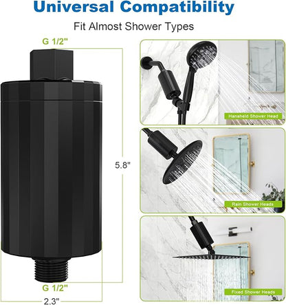 ALL METAL Shower Head Filter – KDF 55 Shower Filter Vitamin C E&A for Hard Water, High Pressure Universal Shower Water Filters to Reduce Toxic Chemicals – Reduces Chlorine and Heavy Metals,Black